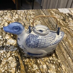 Blue and White Ceramic Duck Teapot